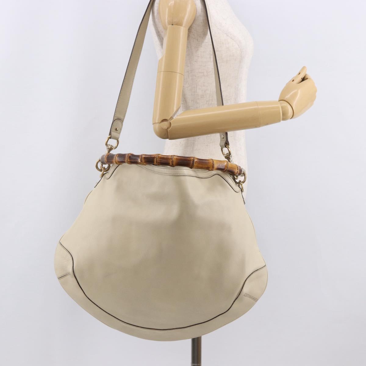 GUCCI Bamboo Hand Bag Leather 2way White Gold 169976 Auth 186098A