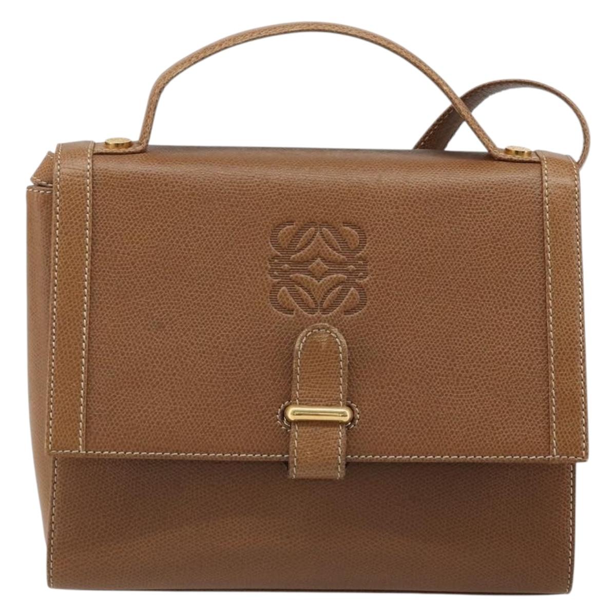 LOEWE Anagram Shoulder Bag Leather 2way Brown Gold Auth 186112