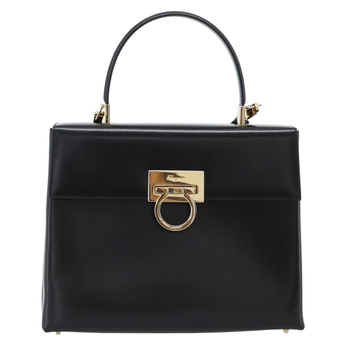 Salvatore Ferragamo Gancini Hand Bag Leather 2way Black Gold Auth 186113V