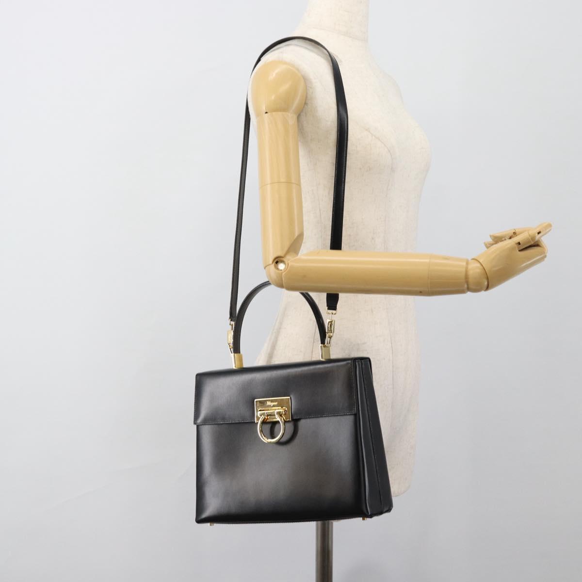 Salvatore Ferragamo Gancini Hand Bag Leather 2way Black Gold Auth 186113V