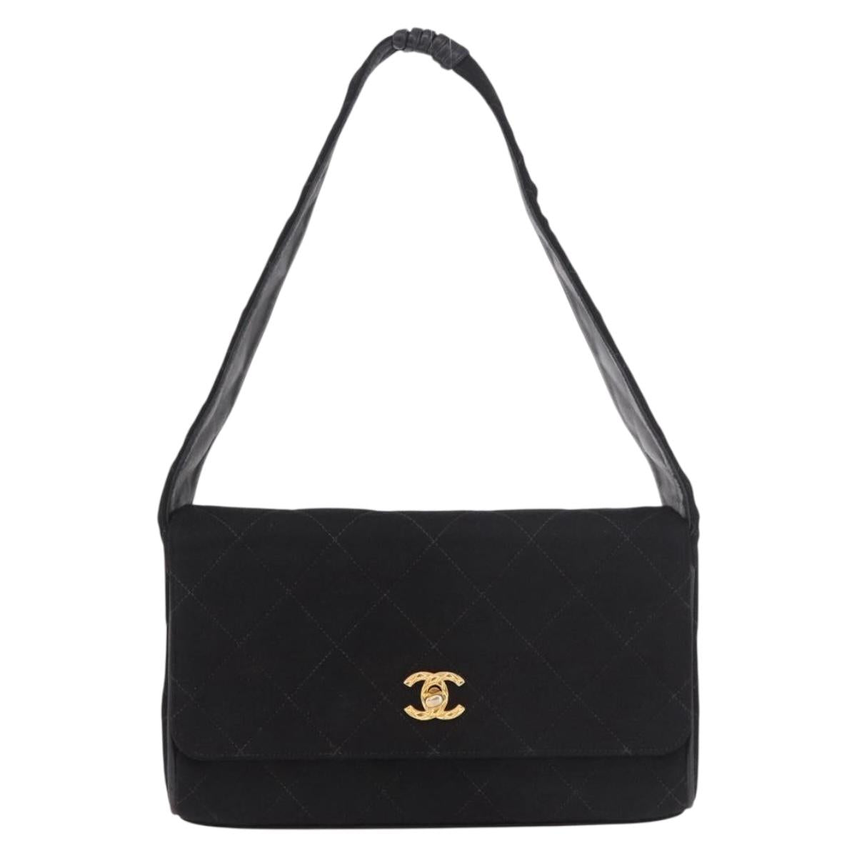 CHANEL Matelasse Shoulder Bag Cotton Black Gold CC Auth 186116V