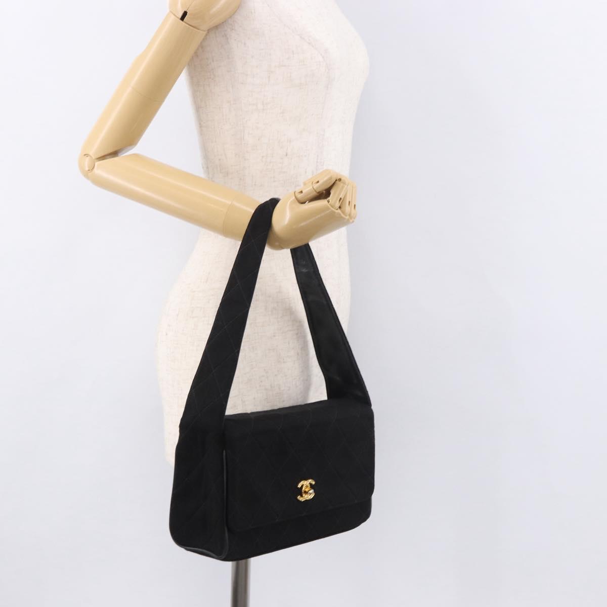 CHANEL Matelasse Shoulder Bag Cotton Black Gold CC Auth 186116V