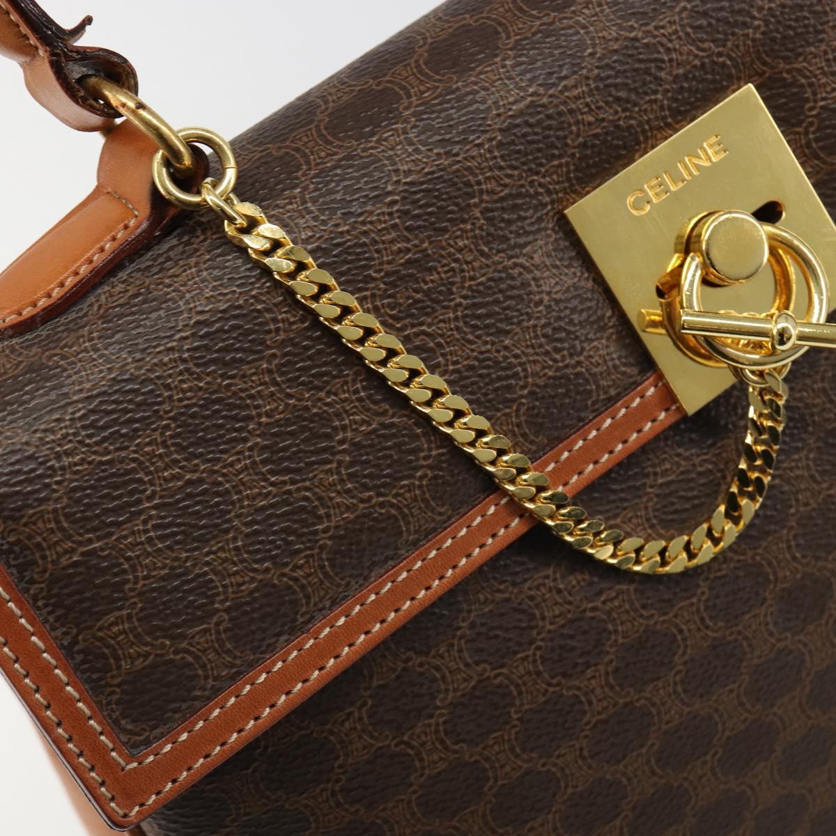 CELINE Macadam Canvas Boston Bag PVC Leather Brown Gold Auth 186123V