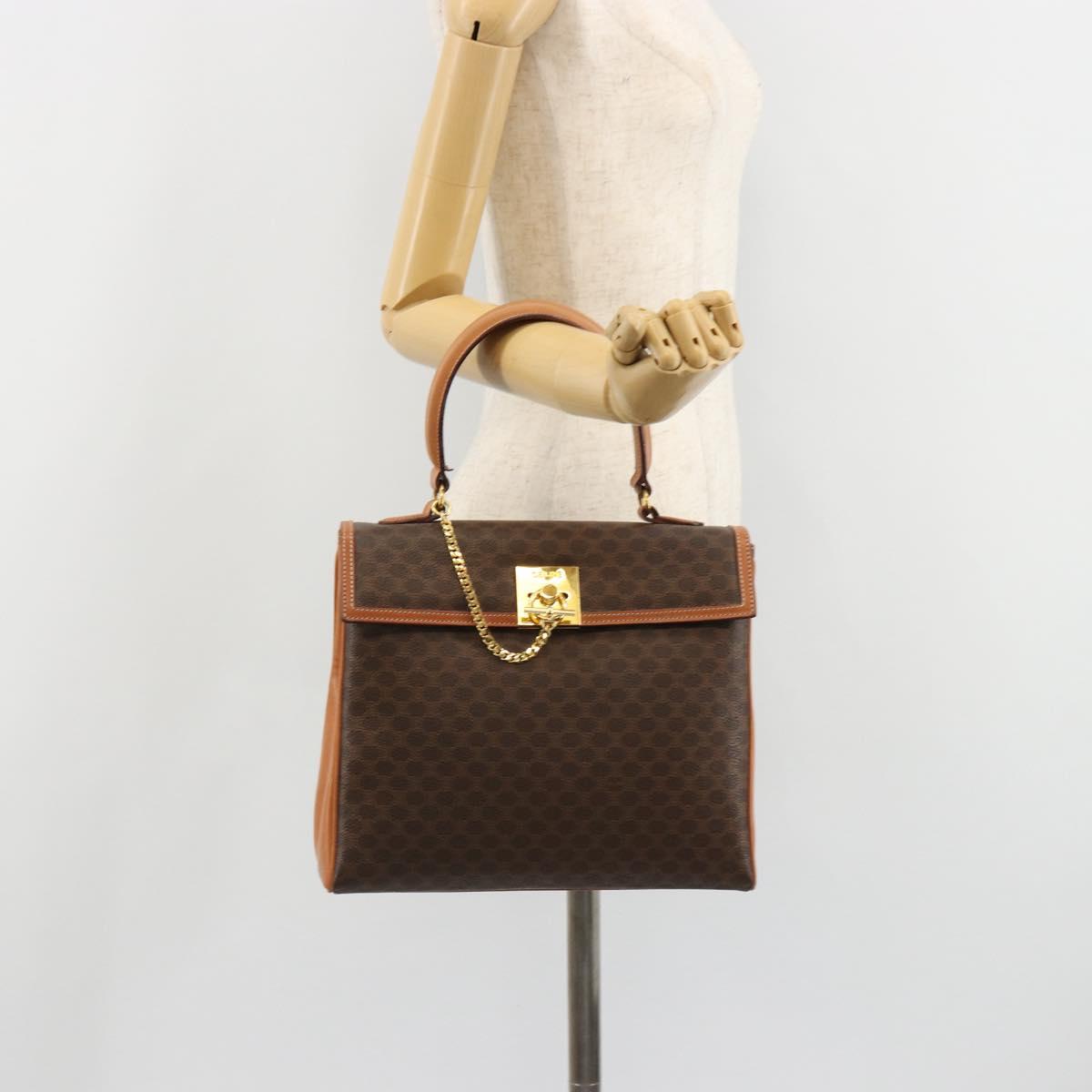 CELINE Macadam Canvas Boston Bag PVC Leather Brown Gold Auth 186123V