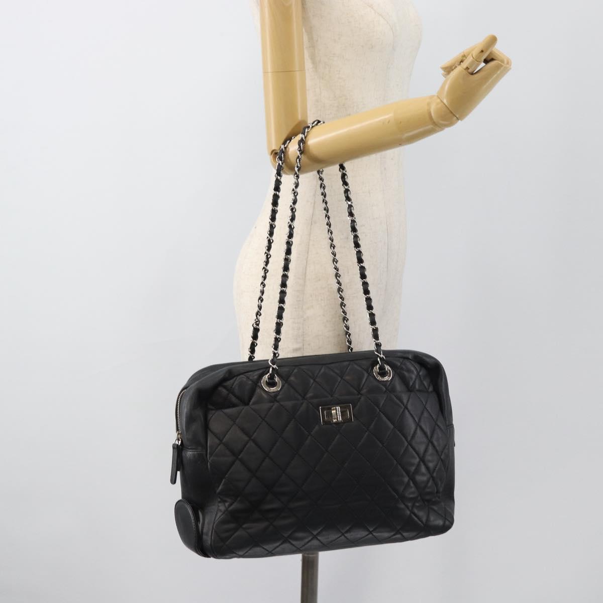 CHANEL 2.55 Chain Shoulder Bag Lamb Skin Black Silver CC Auth 186127V