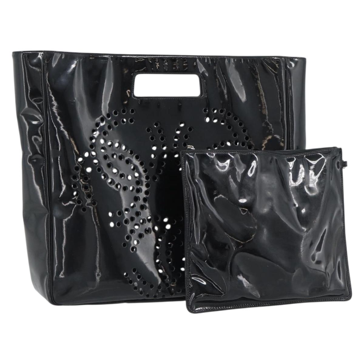CHANEL Hand Bag Patent leather Black Silver CC Auth 186129