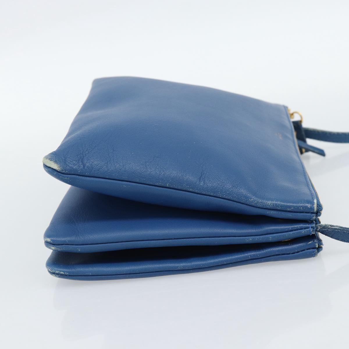 CELINE Trio Shoulder Bag Leather Blue Gold Auth 186131