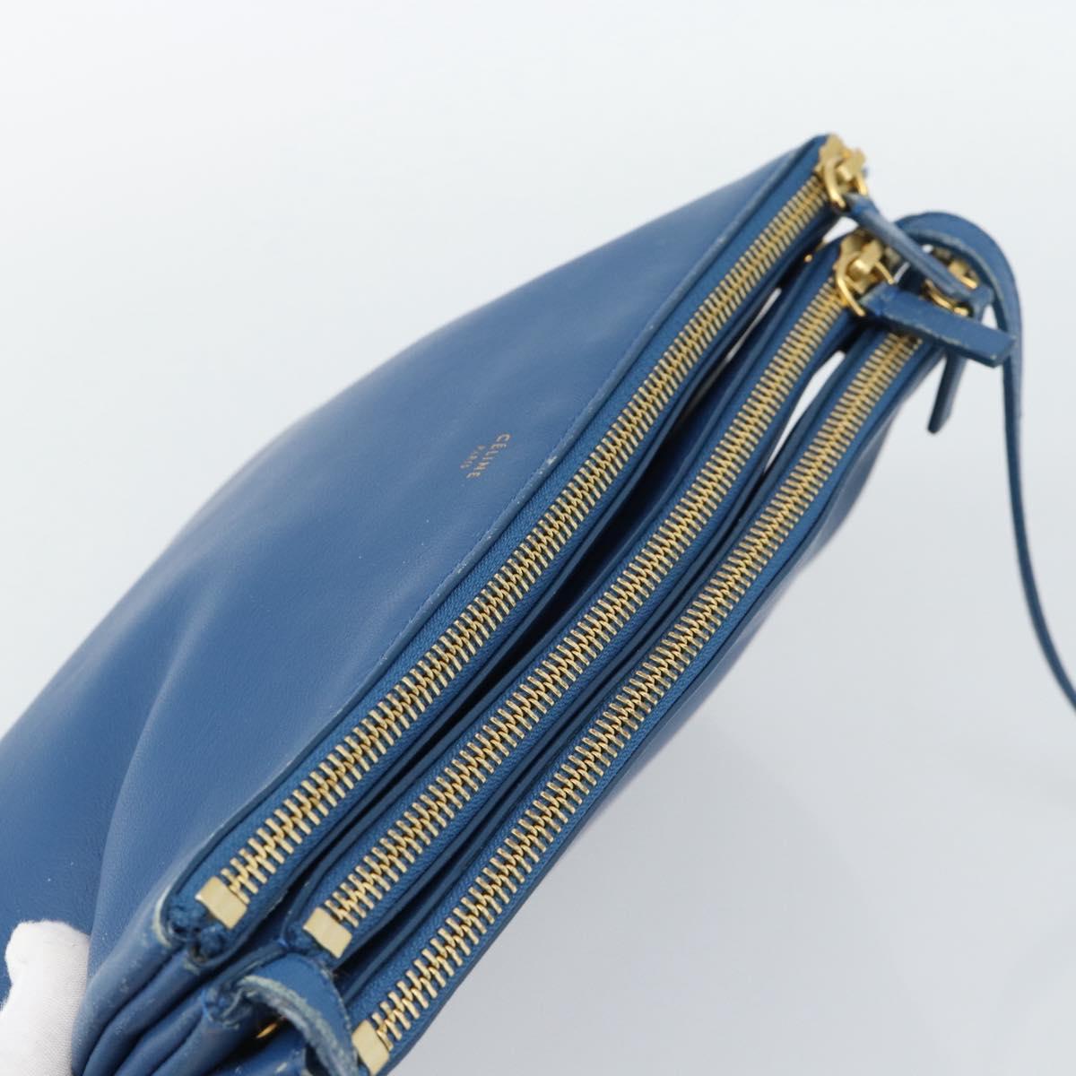 CELINE Trio Shoulder Bag Leather Blue Gold Auth 186131