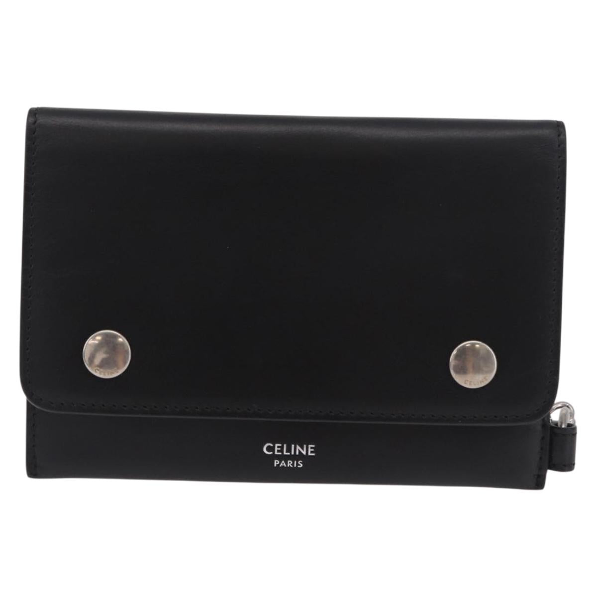 CELINE Chain Wallet Leather Black Silver Auth 186133M