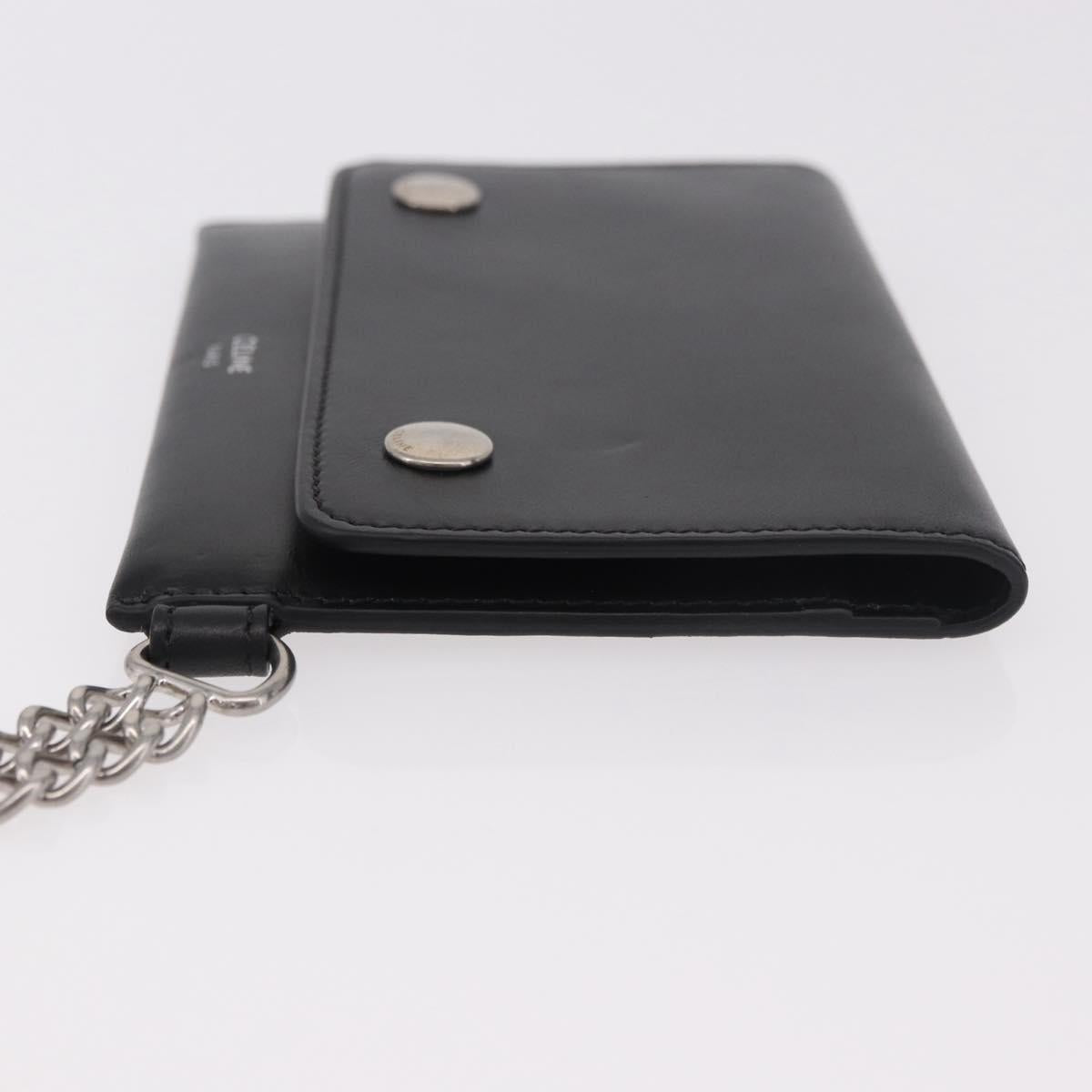 CELINE Chain Wallet Leather Black Silver Auth 186133M