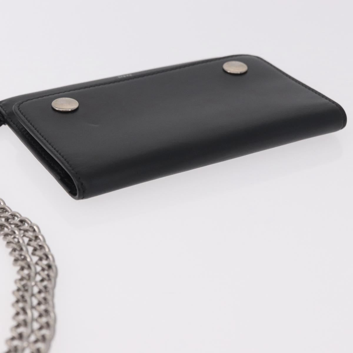 CELINE Chain Wallet Leather Black Silver Auth 186133M