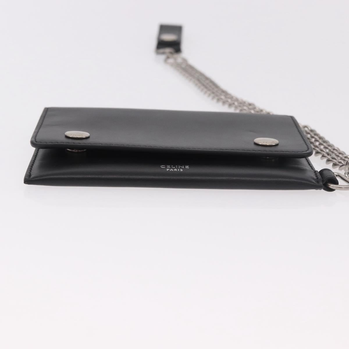 CELINE Chain Wallet Leather Black Silver Auth 186133M