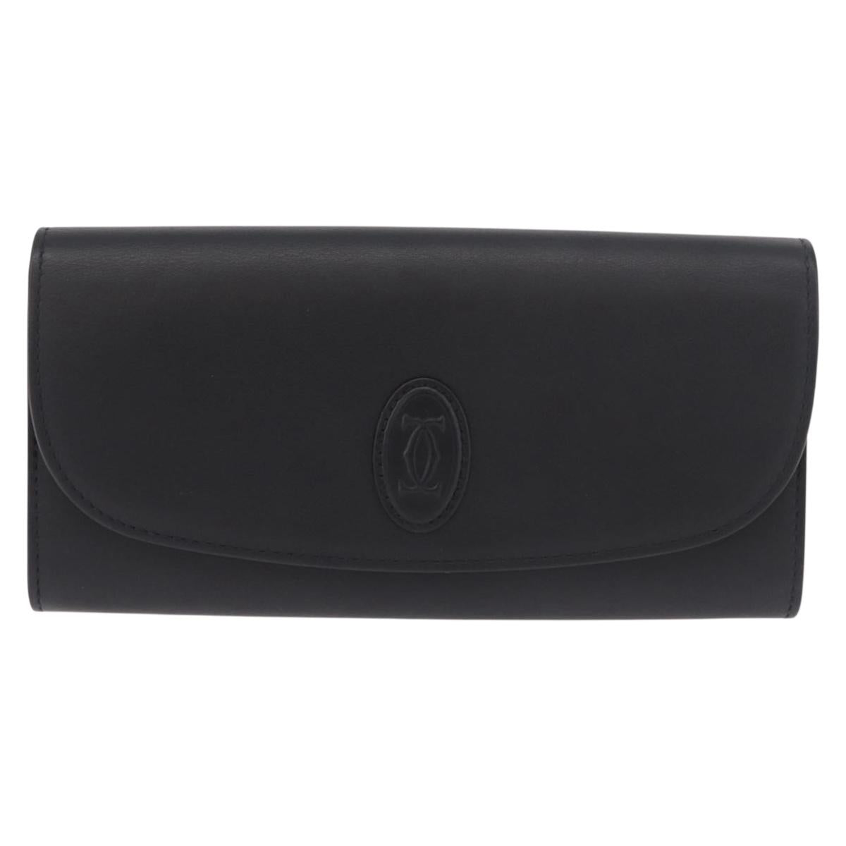CARTIER Long Wallet Leather Black Gold Auth 186137V