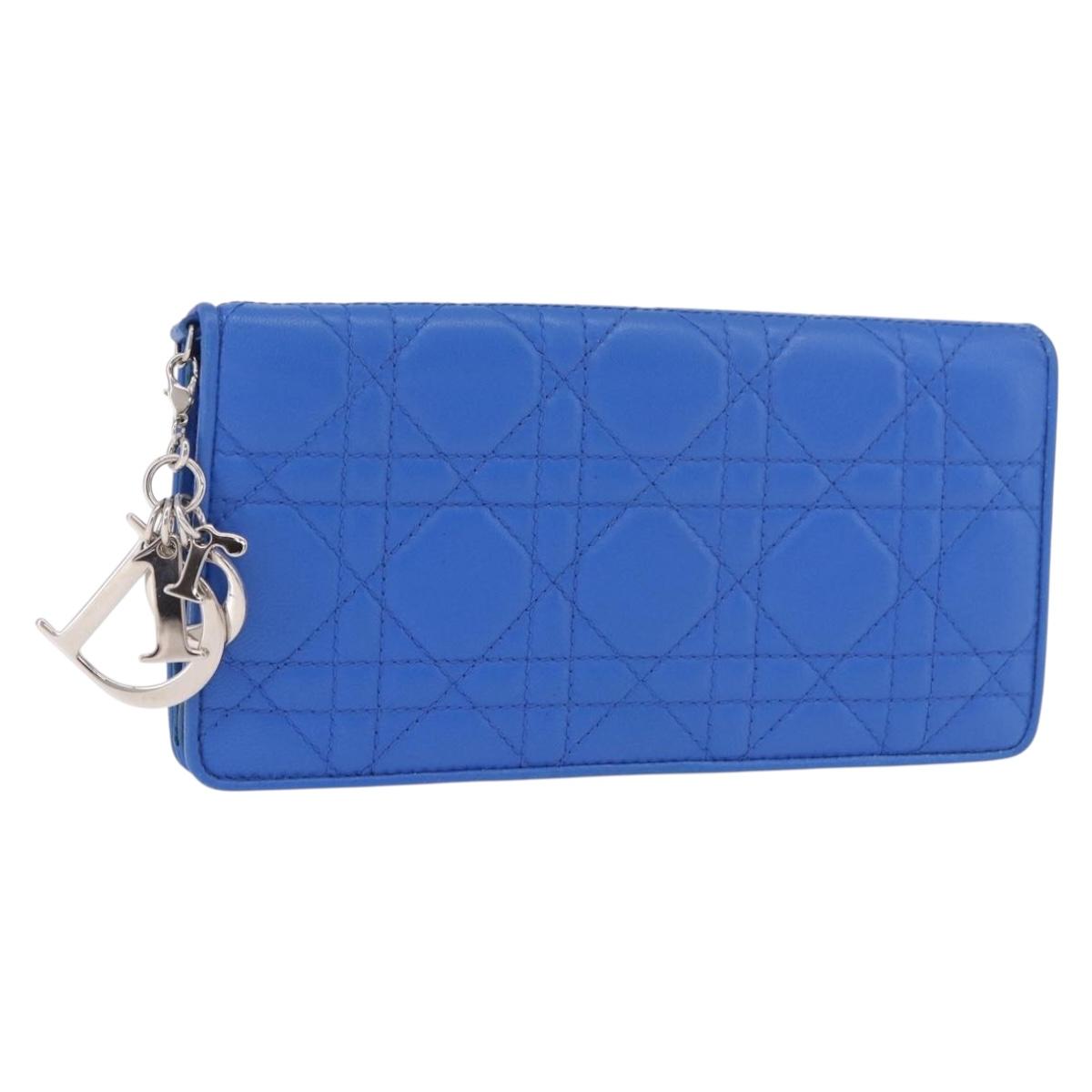 Christian Dior Canage Long Wallet Lamb Skin Blue Silver Auth 186139M