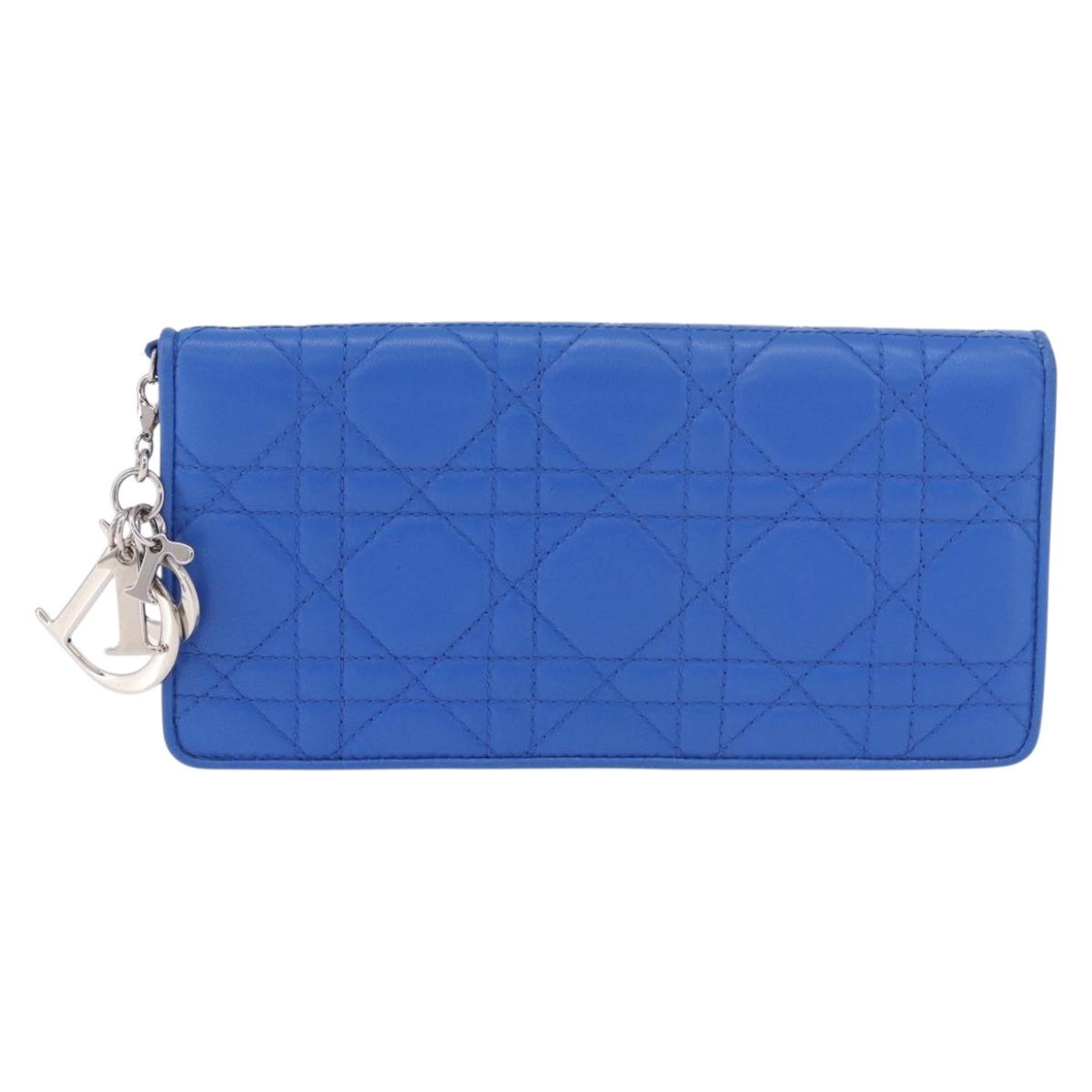 Christian Dior Canage Long Wallet Lamb Skin Blue Silver Auth 186139M