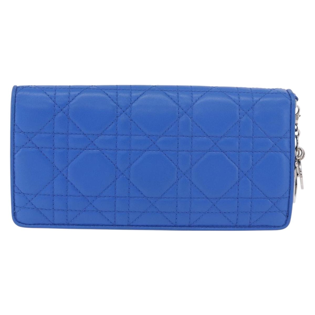 Christian Dior Canage Long Wallet Lamb Skin Blue Silver Auth 186139M