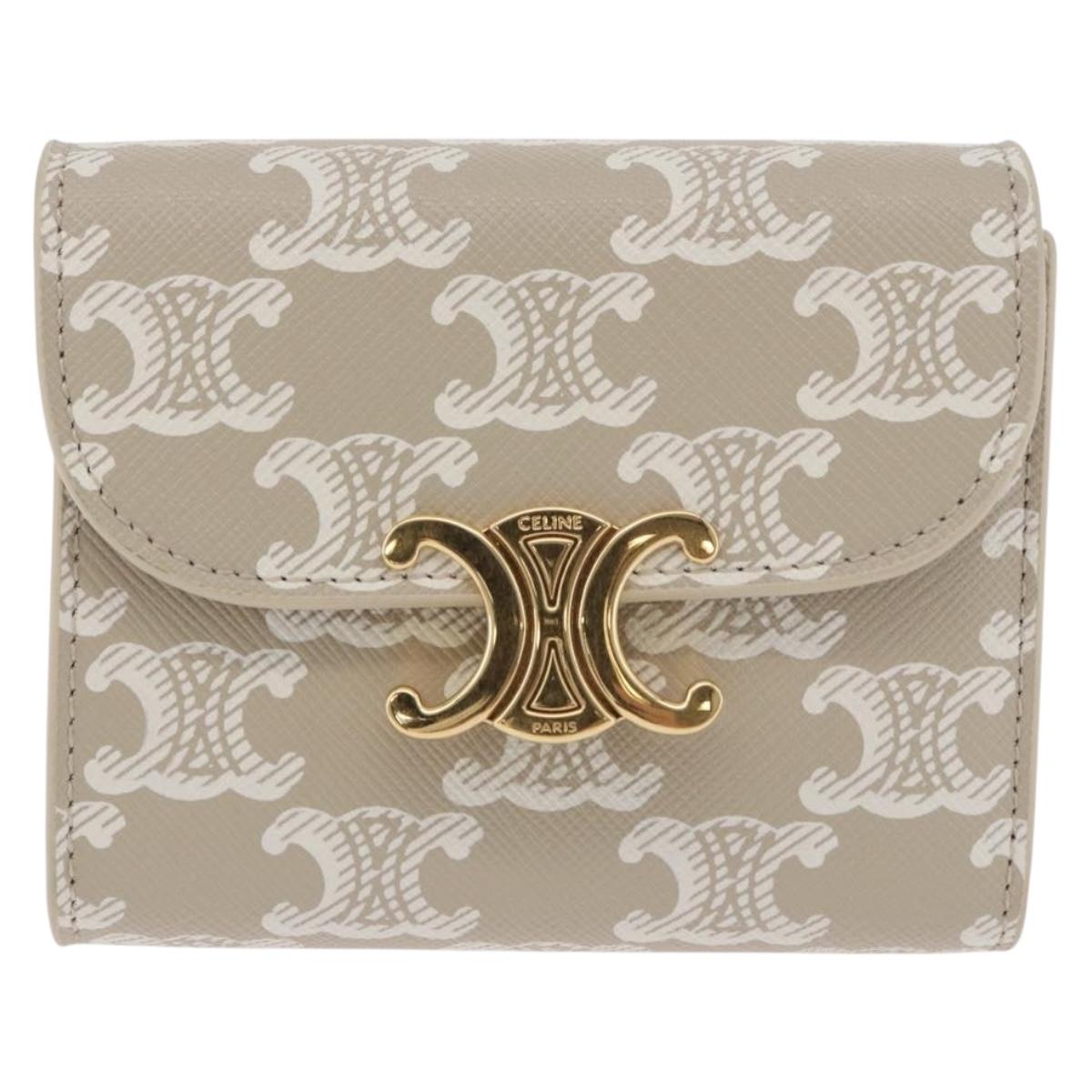 CELINE Triomphe 3 Fold Wallet PVC Beige Gold Auth 186147M