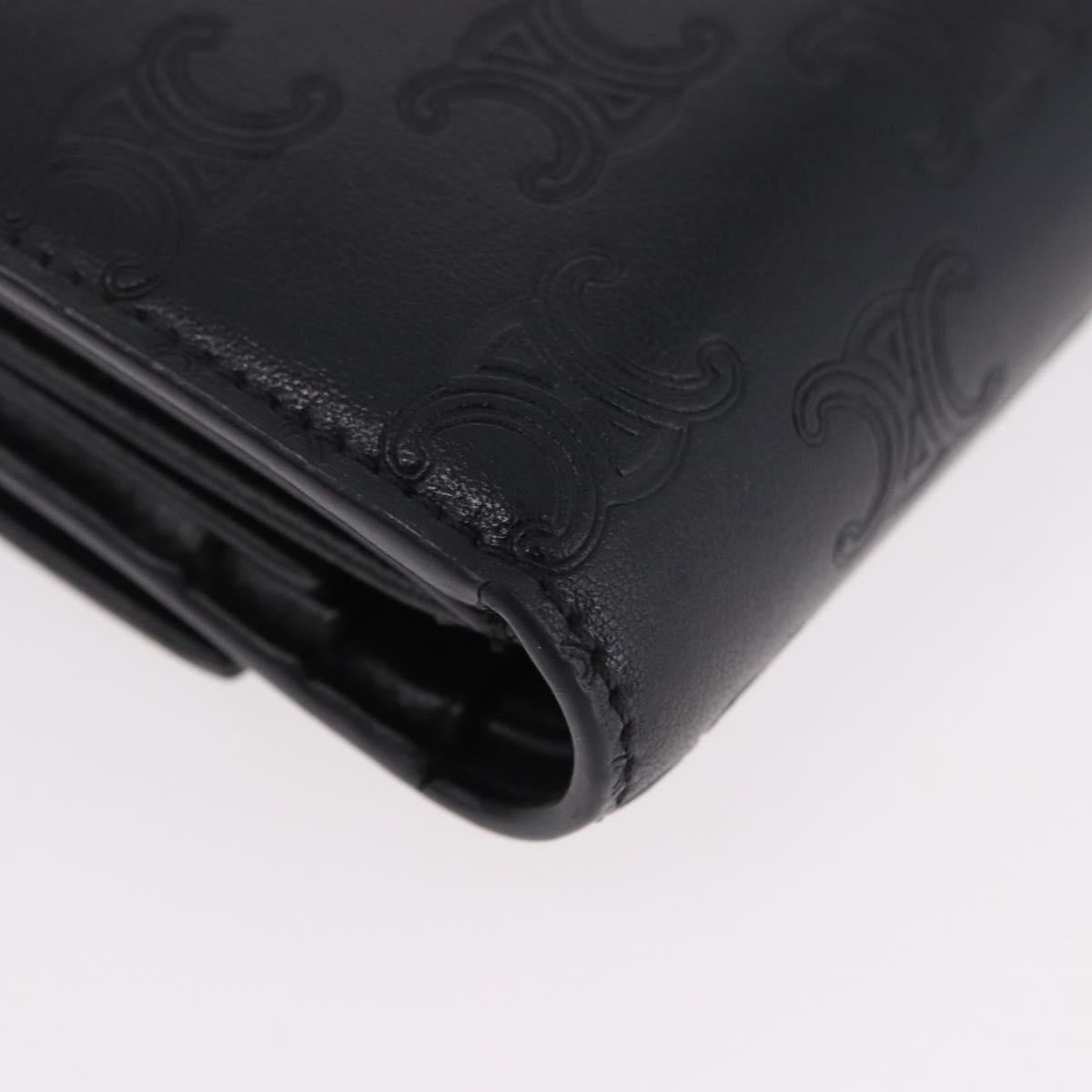 CELINE Triomphe 3 Fold Wallet Leather Black Gold Auth 186148M