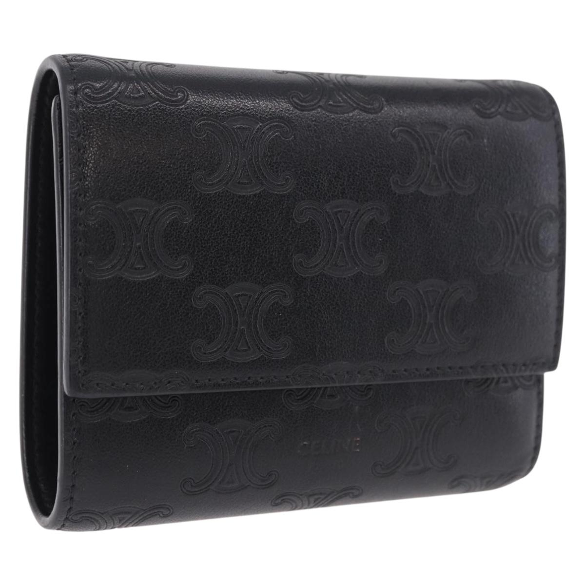 CELINE Triomphe 3 Fold Wallet Leather Black Gold Auth 186148M