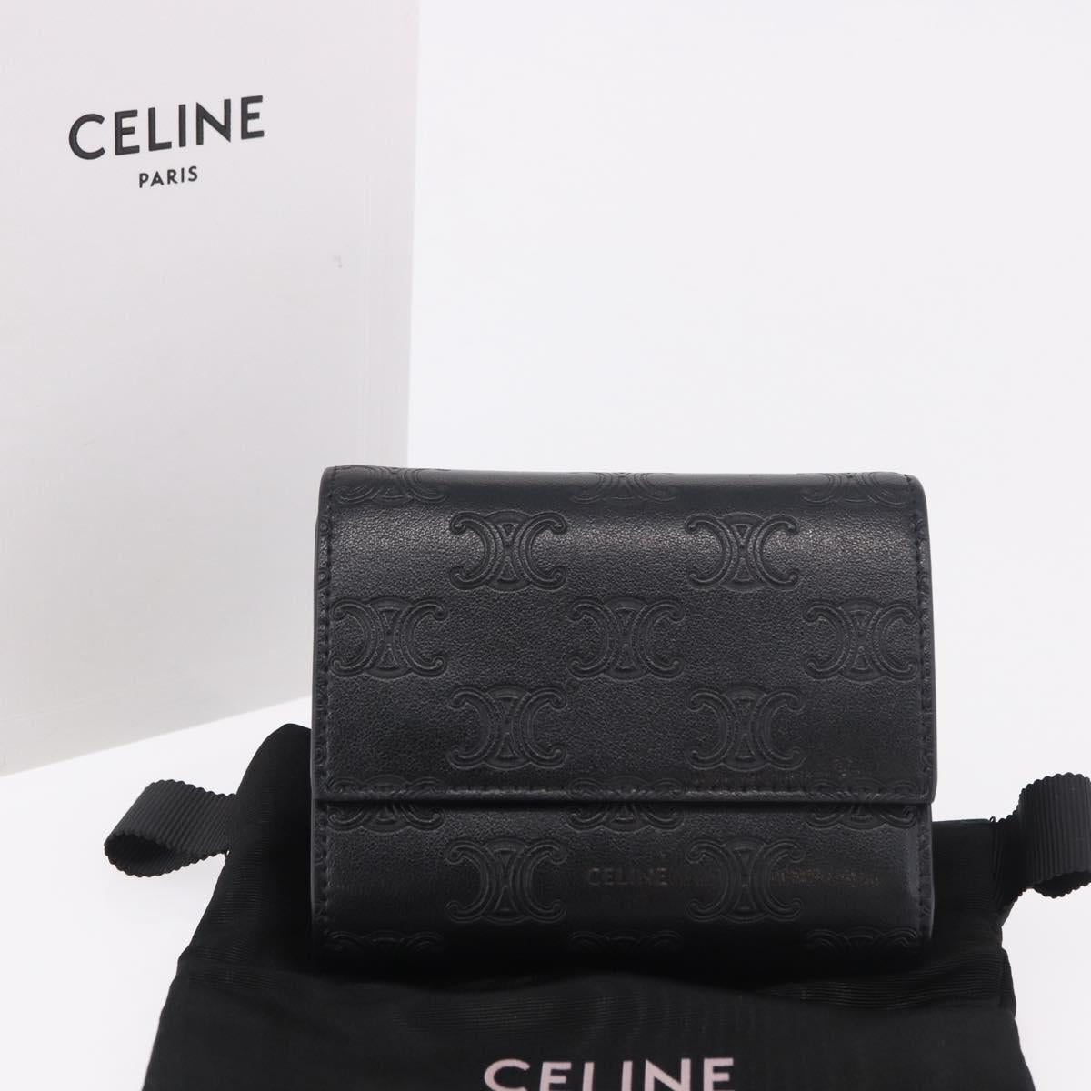 CELINE Triomphe 3 Fold Wallet Leather Black Gold Auth 186148M
