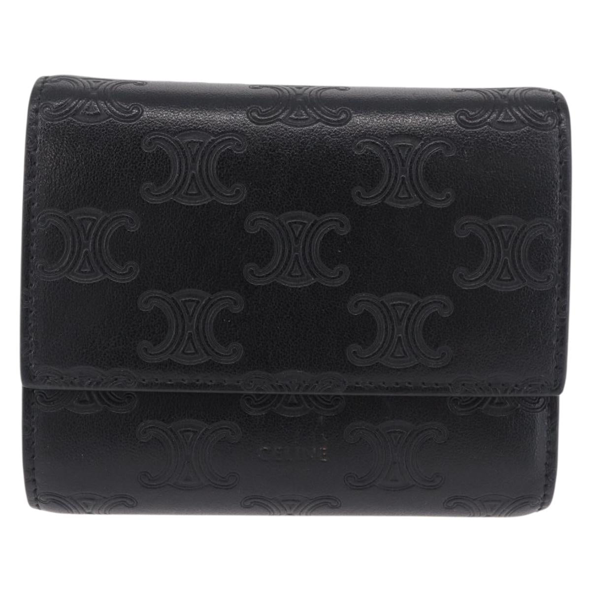 CELINE Triomphe 3 Fold Wallet Leather Black Gold Auth 186148M