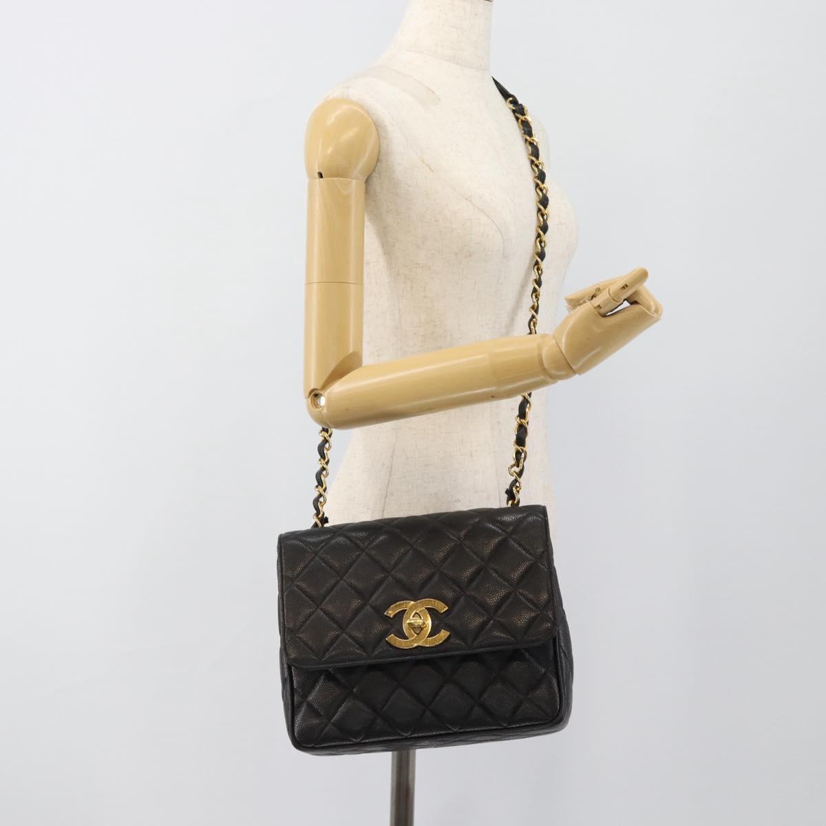 CHANEL Chain Matelasse Shoulder Bag Caviar Skin Black Gold CC Auth 186150V