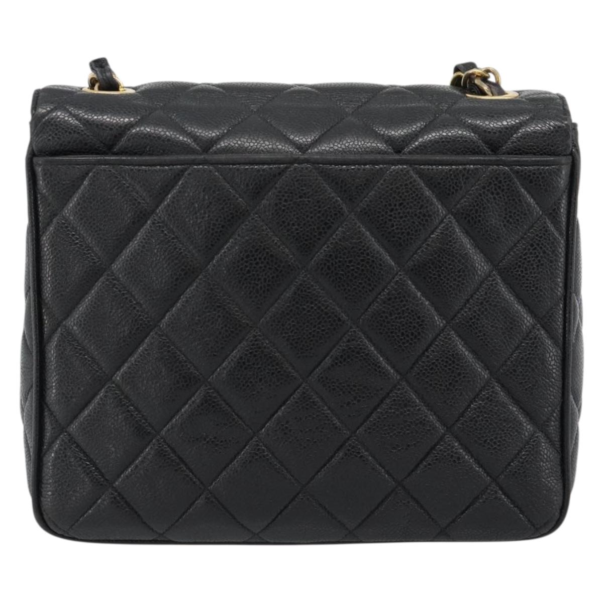 CHANEL Chain Matelasse Shoulder Bag Caviar Skin Black Gold CC Auth 186150V