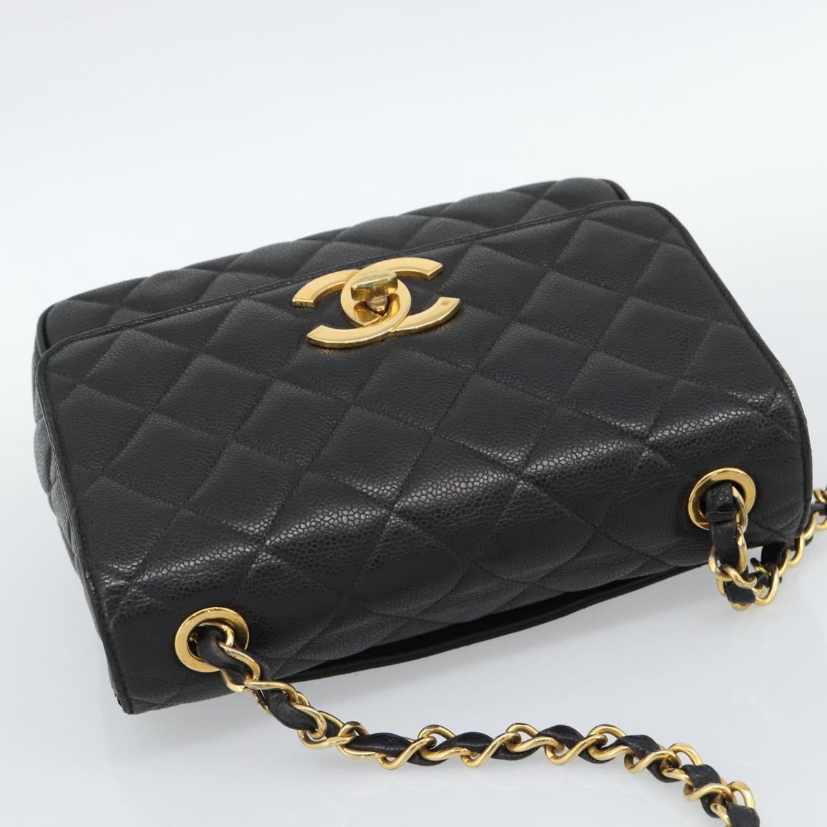 CHANEL Chain Matelasse Shoulder Bag Caviar Skin Black Gold CC Auth 186150V