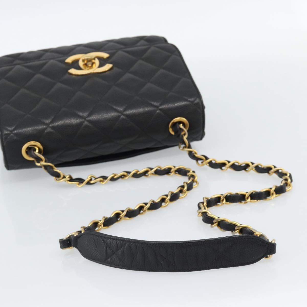 CHANEL Chain Matelasse Shoulder Bag Caviar Skin Black Gold CC Auth 186150V