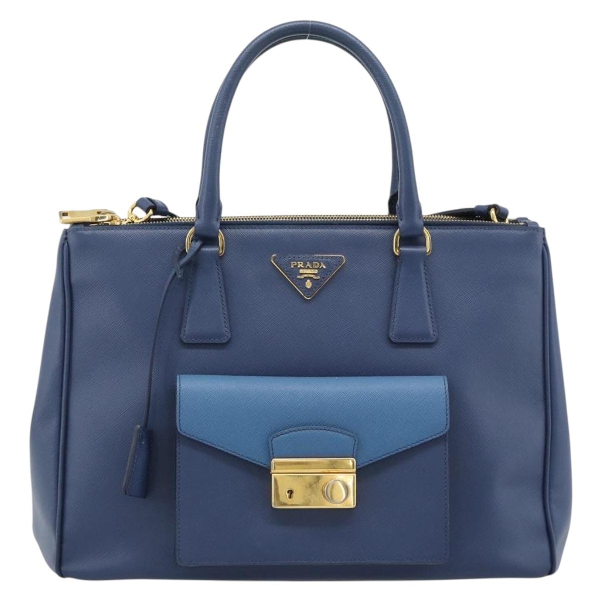 PRADA Hand Bag Saffiano leather 2way Blue Gold Auth 186202M