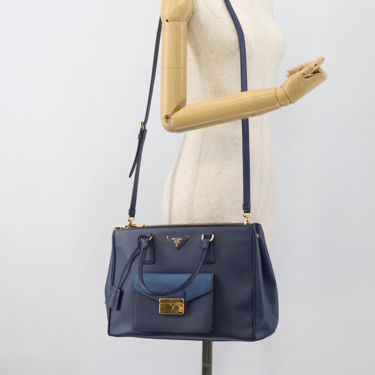 PRADA Hand Bag Saffiano leather 2way Blue Gold Auth 186202M