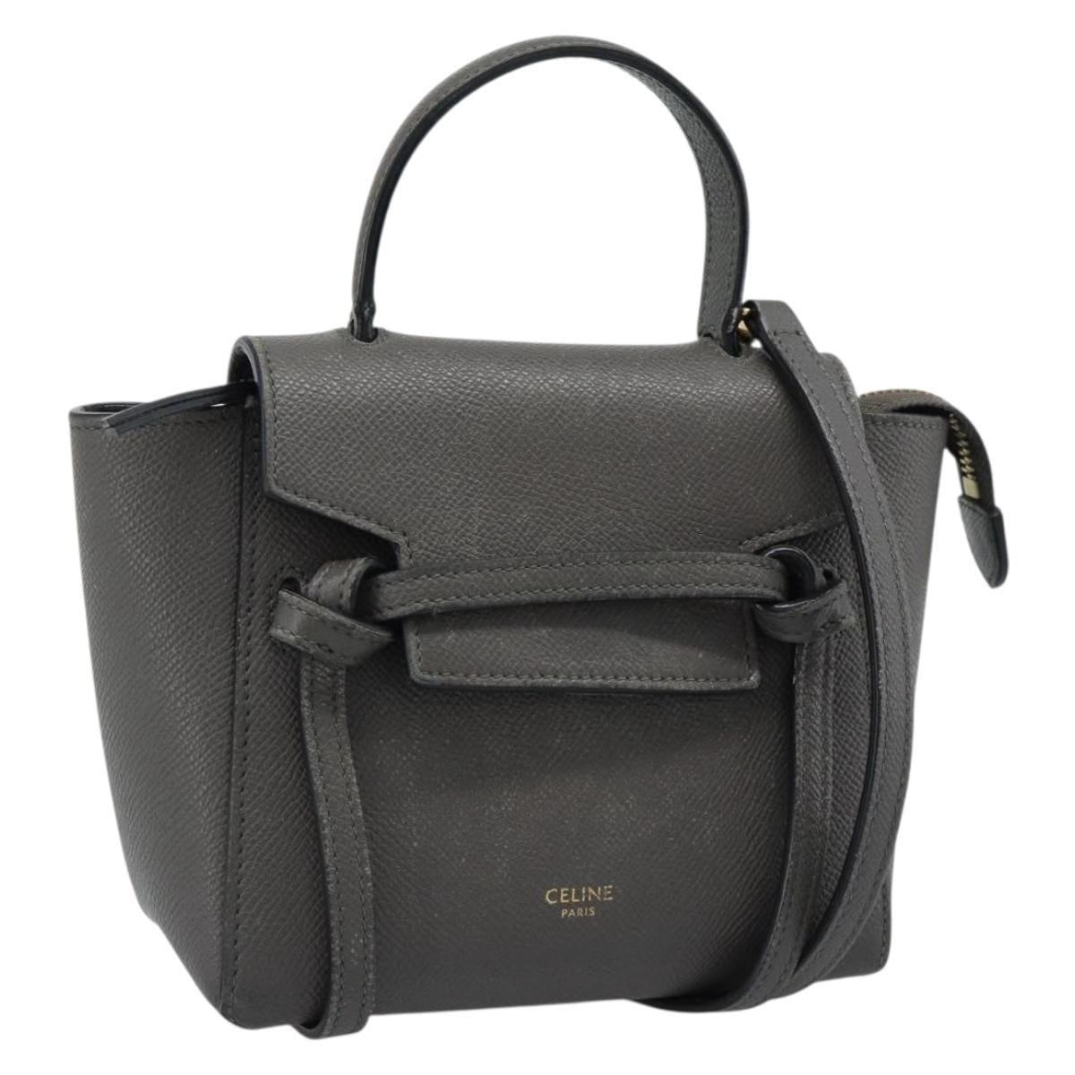 CELINE Pico Belt Hand Bag Leather 2way Gray Gold Auth 186203