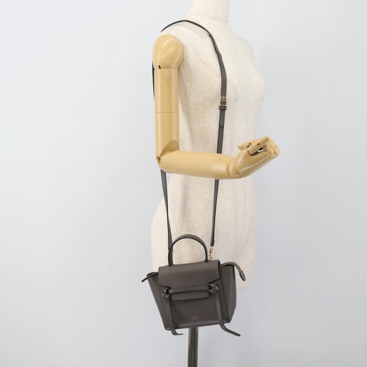 CELINE Pico Belt Hand Bag Leather 2way Gray Gold Auth 186203