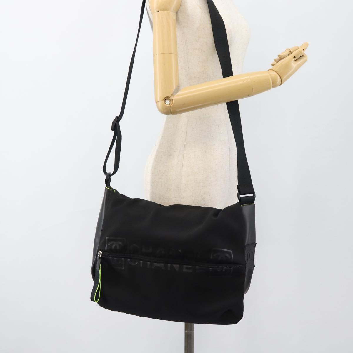CHANEL Sports Line Shoulder Bag Nylon Black Silver CC Auth 186205SAV