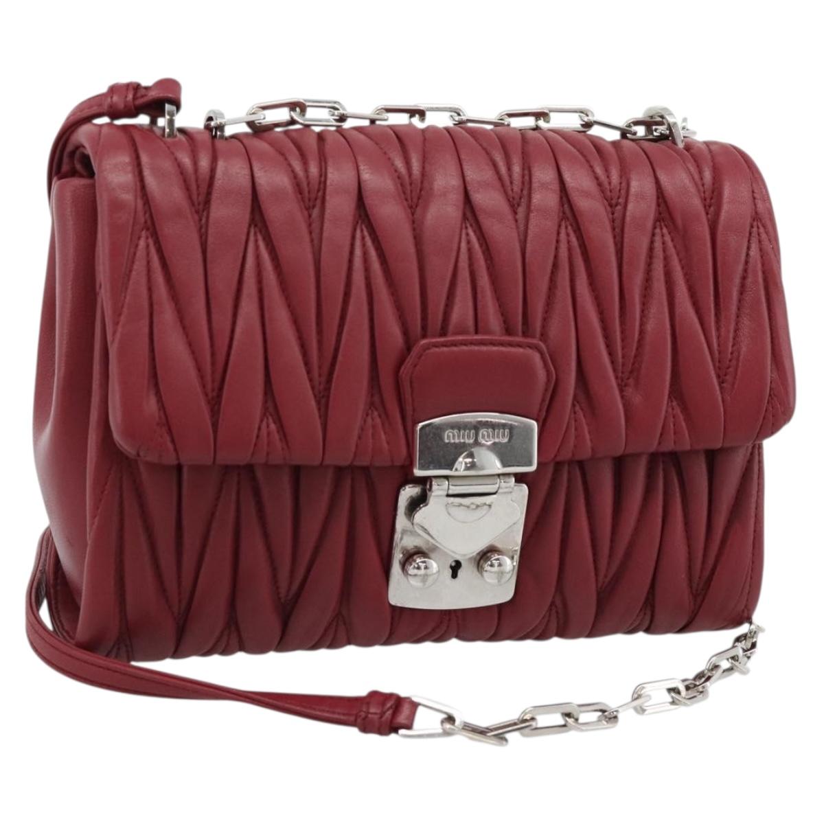 Miu Miu Matelasse Chain Shoulder Bag Leather Red Silver Auth 186223M