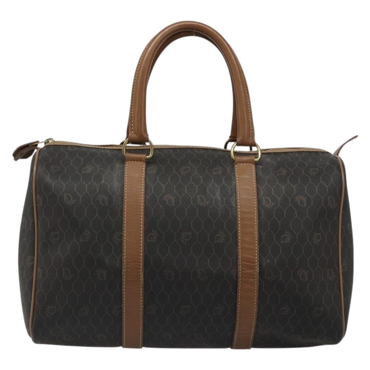 Christian Dior Honeycomb Canvas Boston Bag PVC Black Gold Auth 186229A