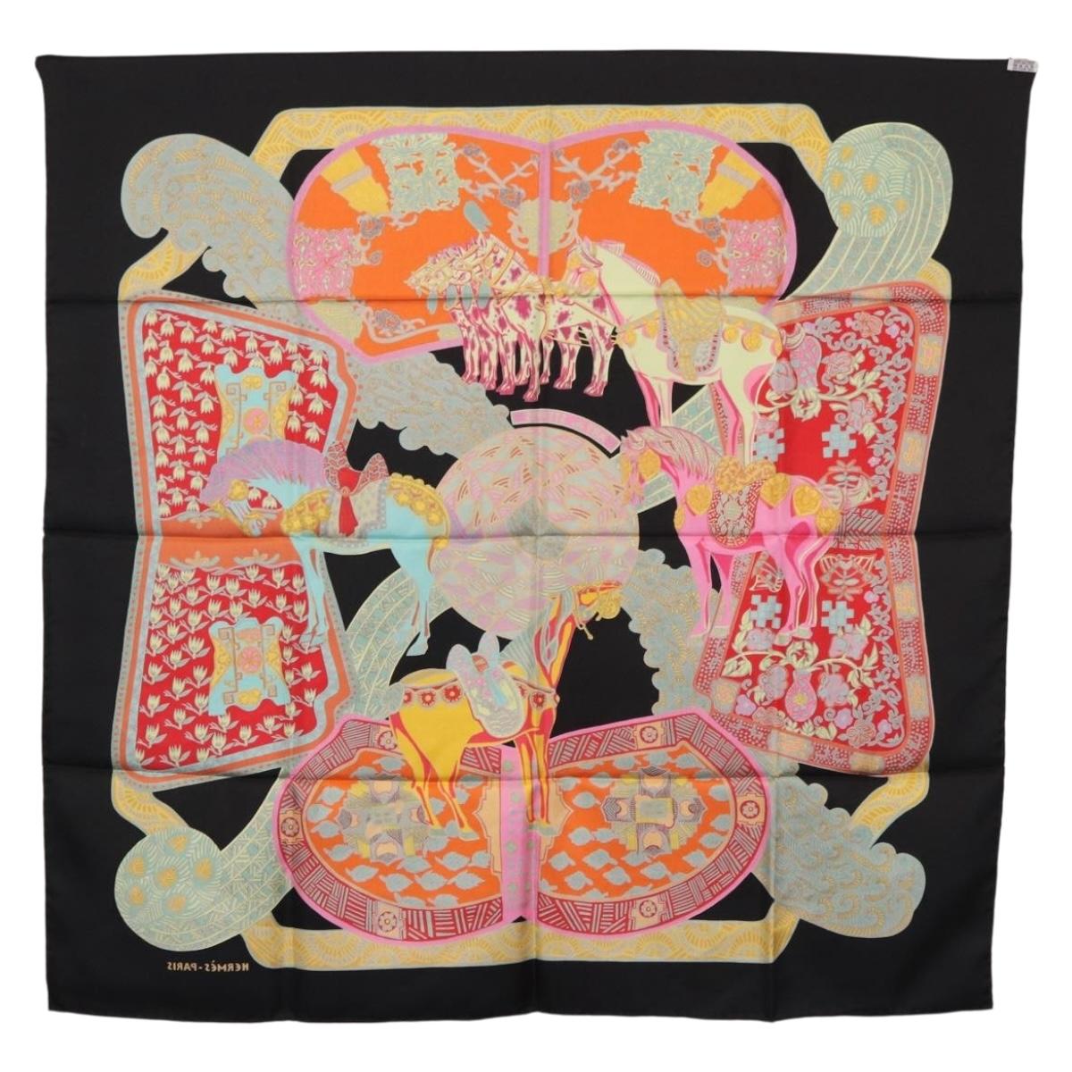 HERMES Carre 90 Scarf ""ART des STEPPES"" Silk Black Auth 186251M
