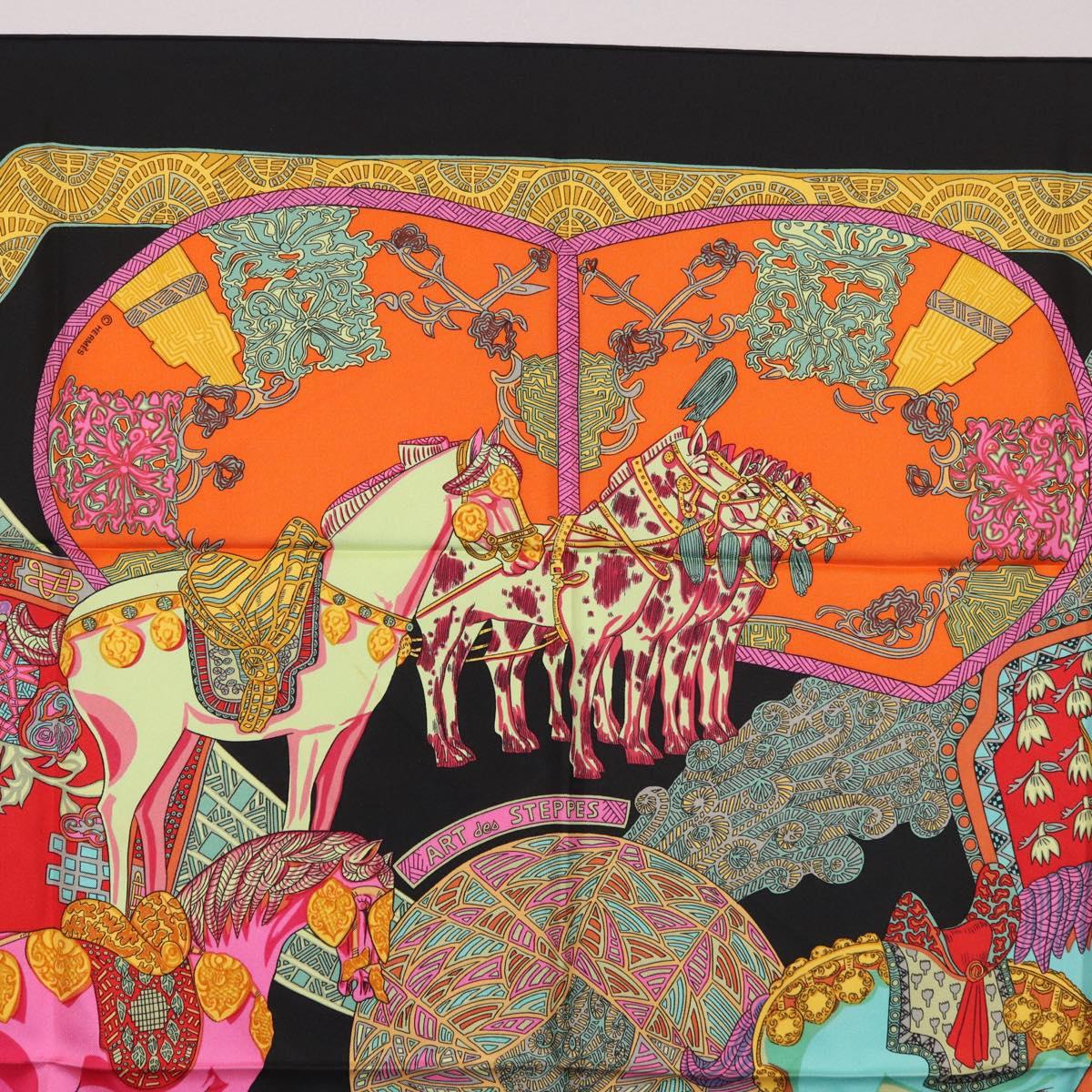 HERMES Carre 90 Scarf ""ART des STEPPES"" Silk Black Auth 186251M
