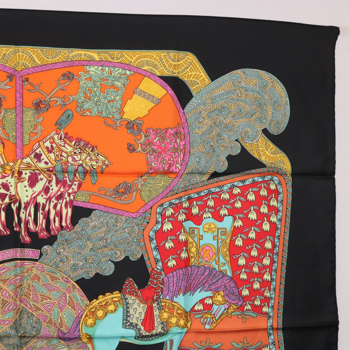 HERMES Carre 90 Scarf ""ART des STEPPES"" Silk Black Auth 186251M