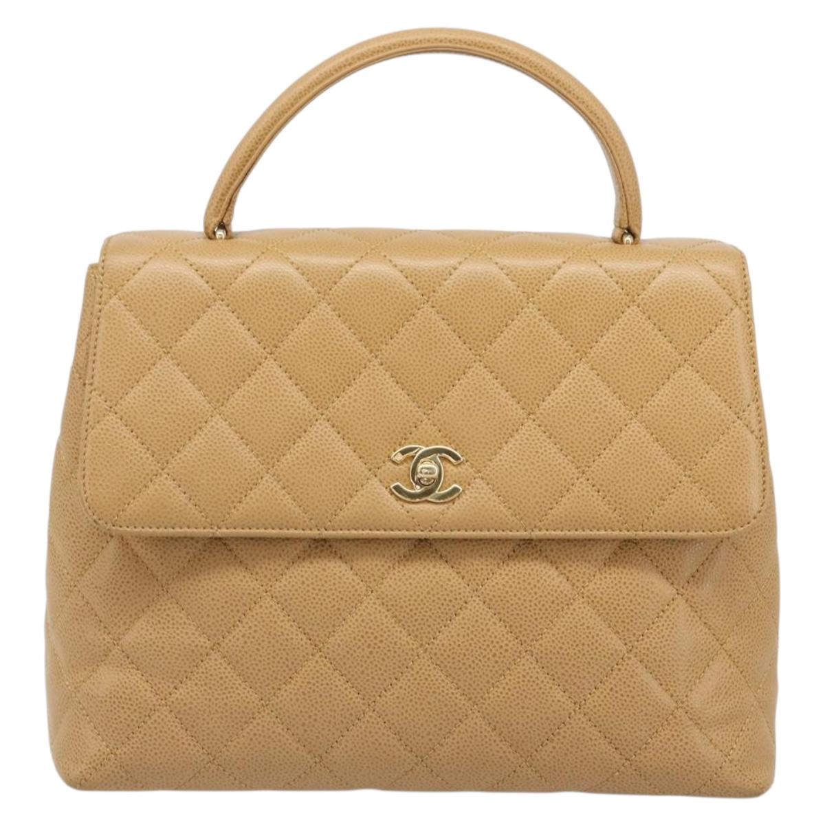CHANEL Matelasse Hand Bag Caviar Skin Beige Gold CC Auth 186257V