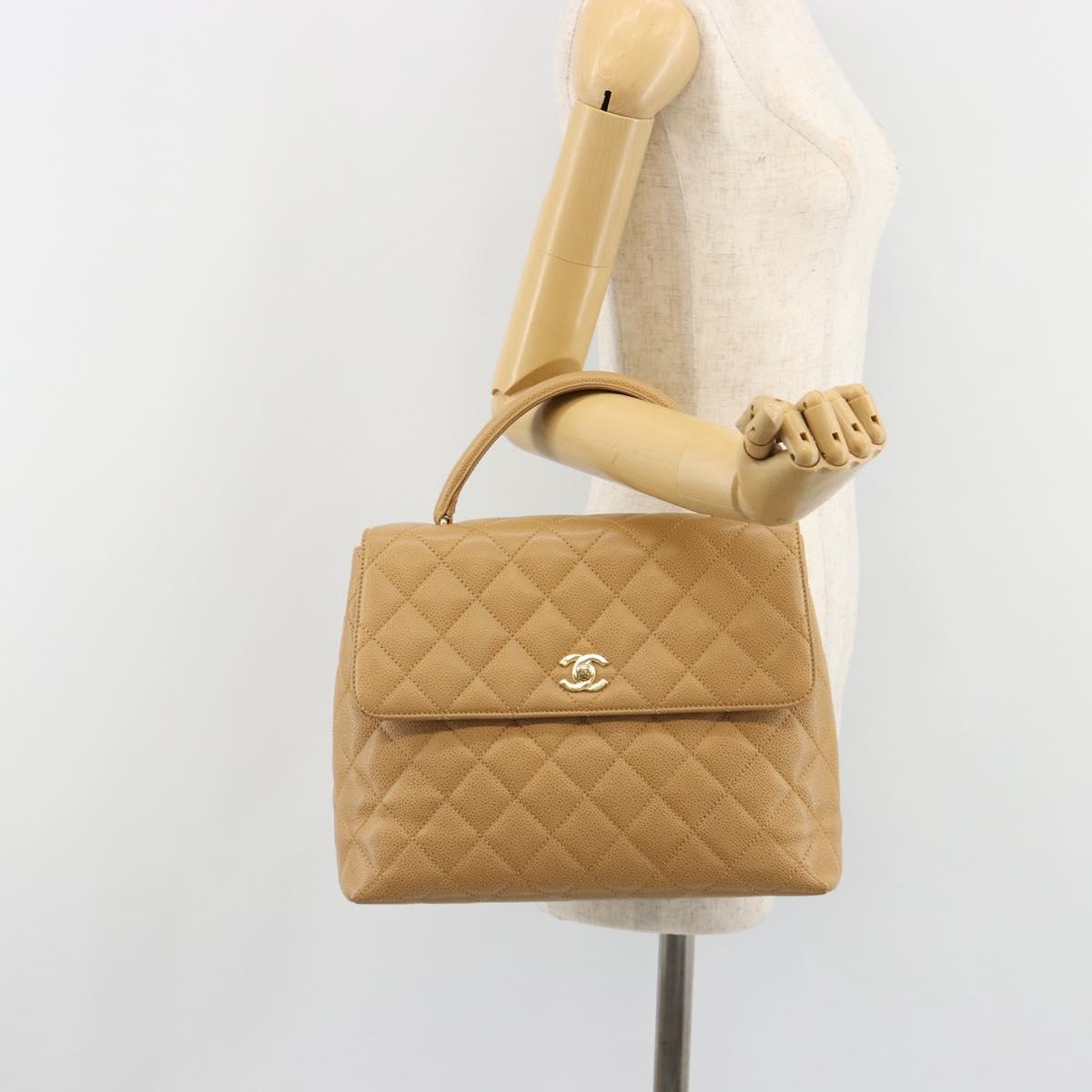 CHANEL Matelasse Hand Bag Caviar Skin Beige Gold CC Auth 186257V