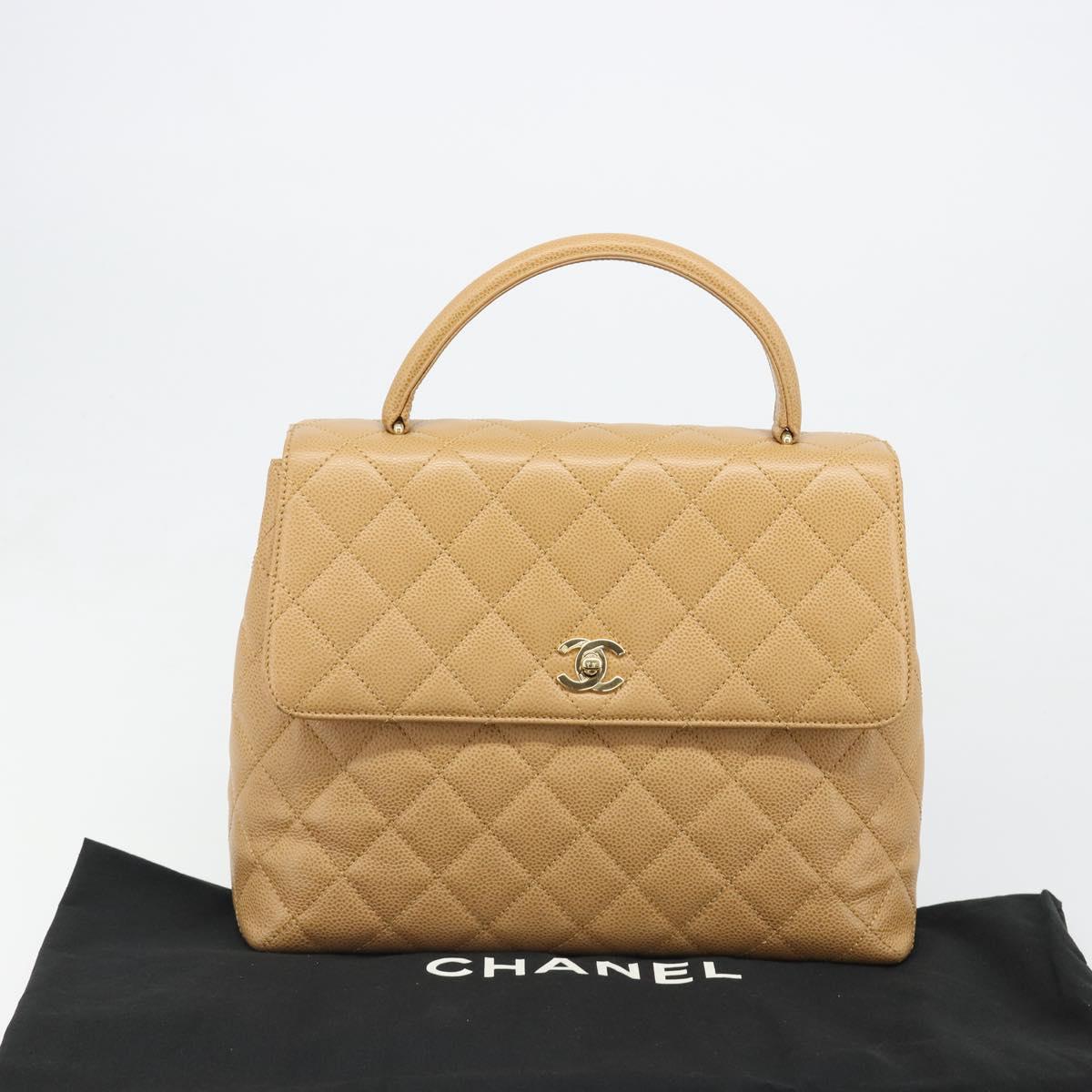 CHANEL Matelasse Hand Bag Caviar Skin Beige Gold CC Auth 186257V