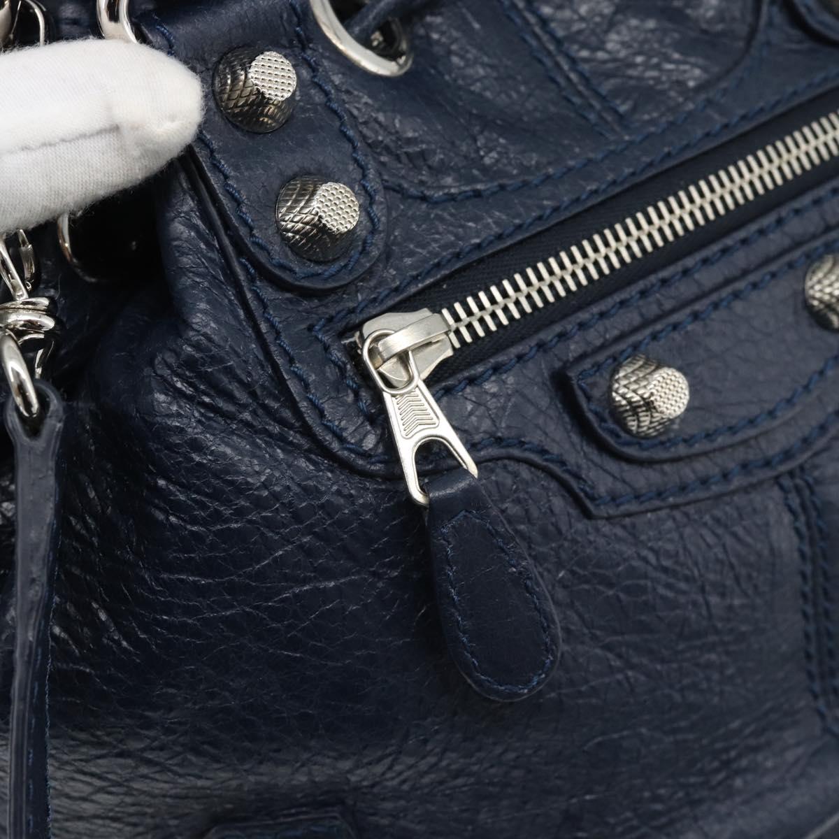 BALENCIAGA Giant Mini Pom Pom Hand Bag Leather 2way Navy Silver Auth 186261SM
