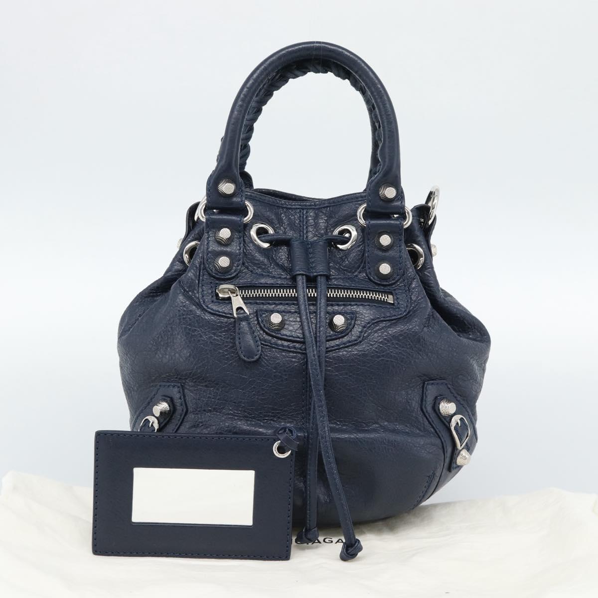 BALENCIAGA Giant Mini Pom Pom Hand Bag Leather 2way Navy Silver Auth 186261SM