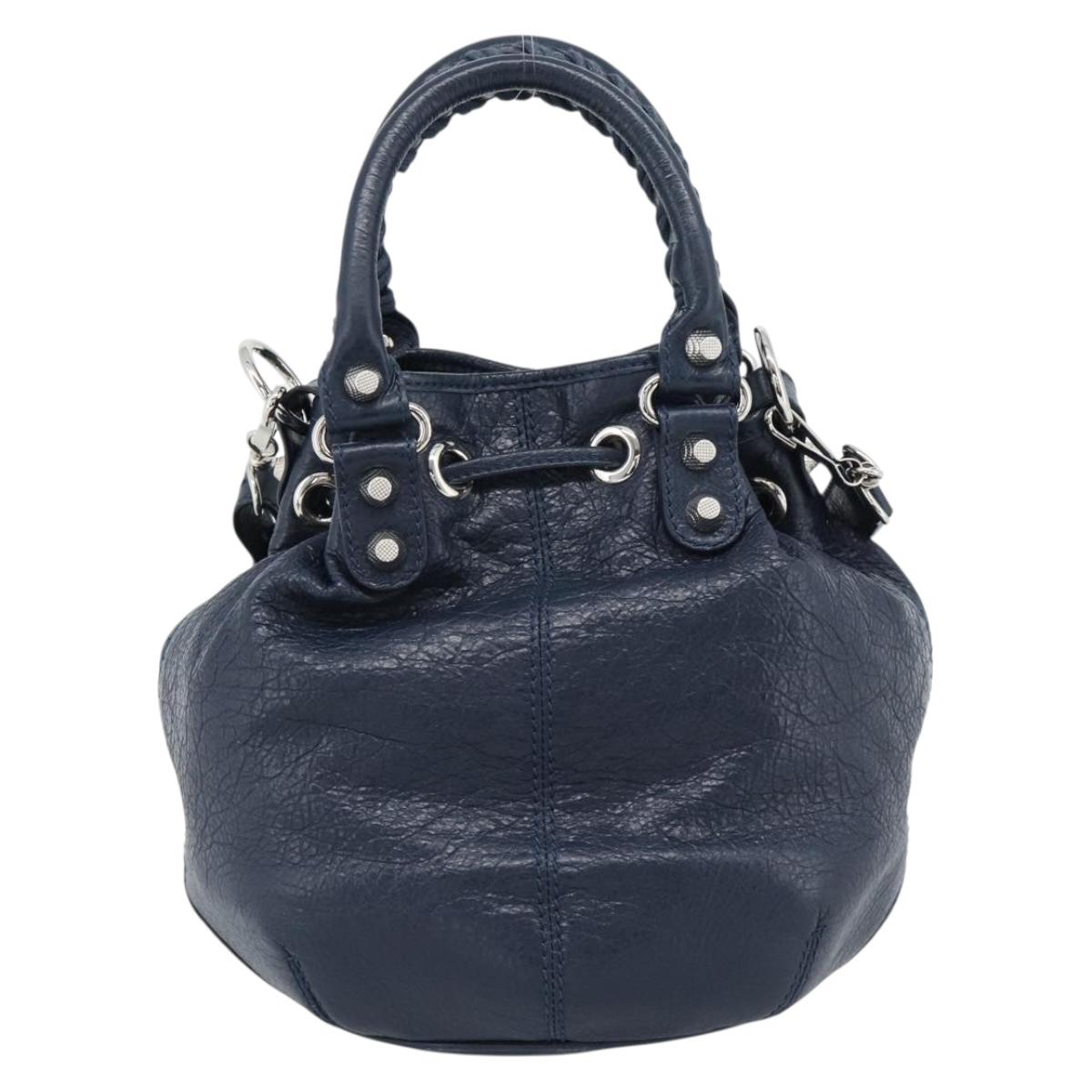 BALENCIAGA Giant Mini Pom Pom Hand Bag Leather 2way Navy Silver Auth 186261SM