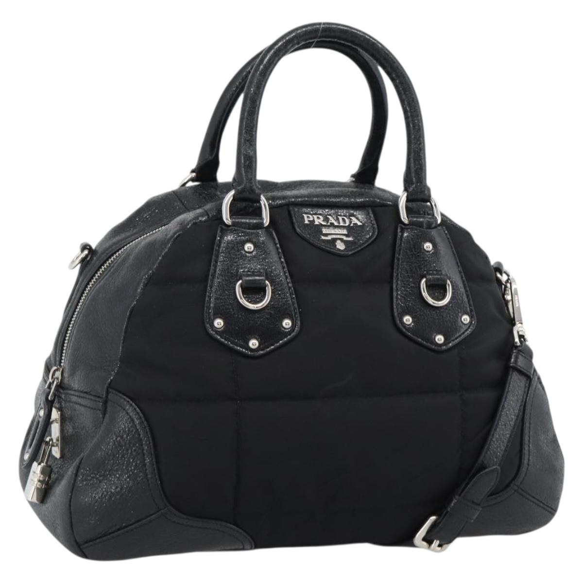 PRADA Hand Bag Leather 2way Black Silver Auth 186264A