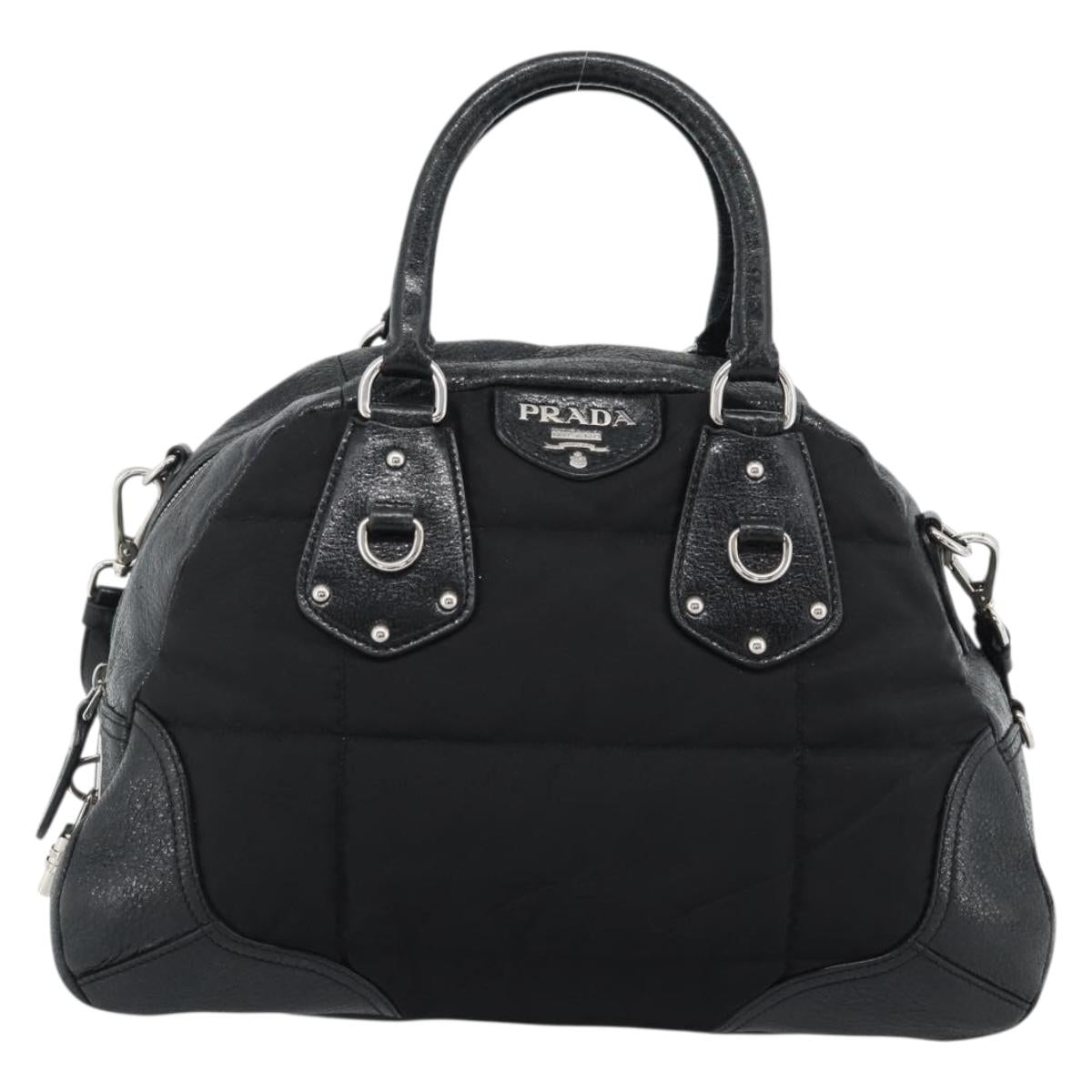 PRADA Hand Bag Leather 2way Black Silver Auth 186264A