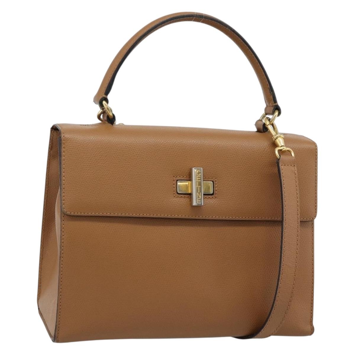 CELINE Hand Bag Leather 2way Beige Gold Auth 186265