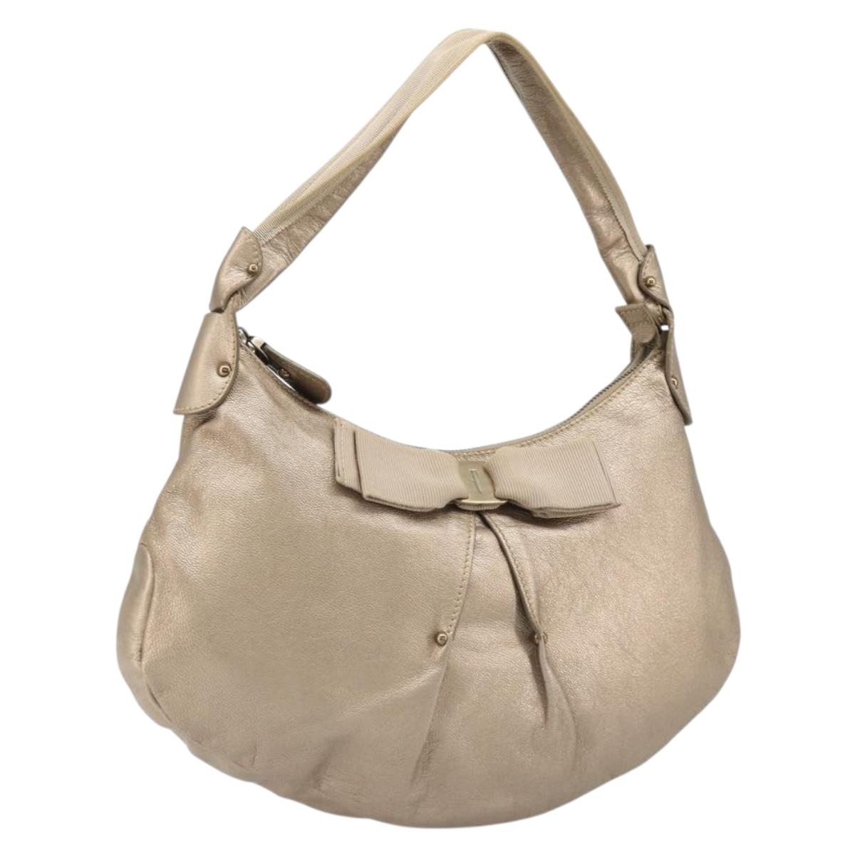 Salvatore Ferragamo Vala Shoulder Bag Leather Champagne Gold Gold Auth 186269A