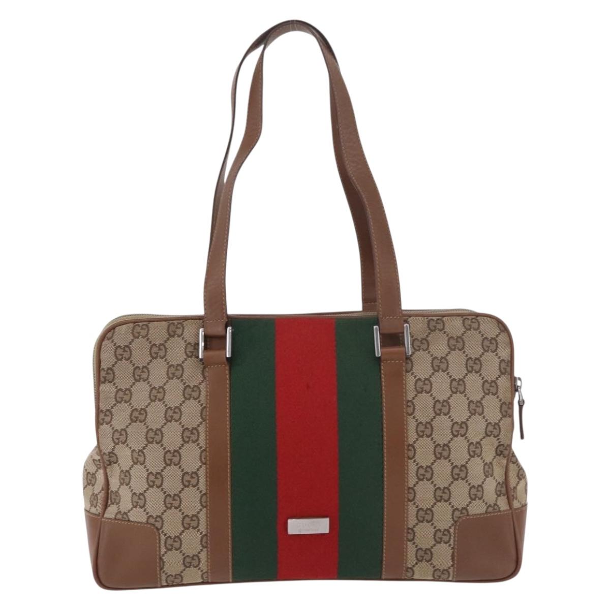 GUCCI GG Canvas Web Sherry Line Tote Bag Beige Silver Red Auth 186307